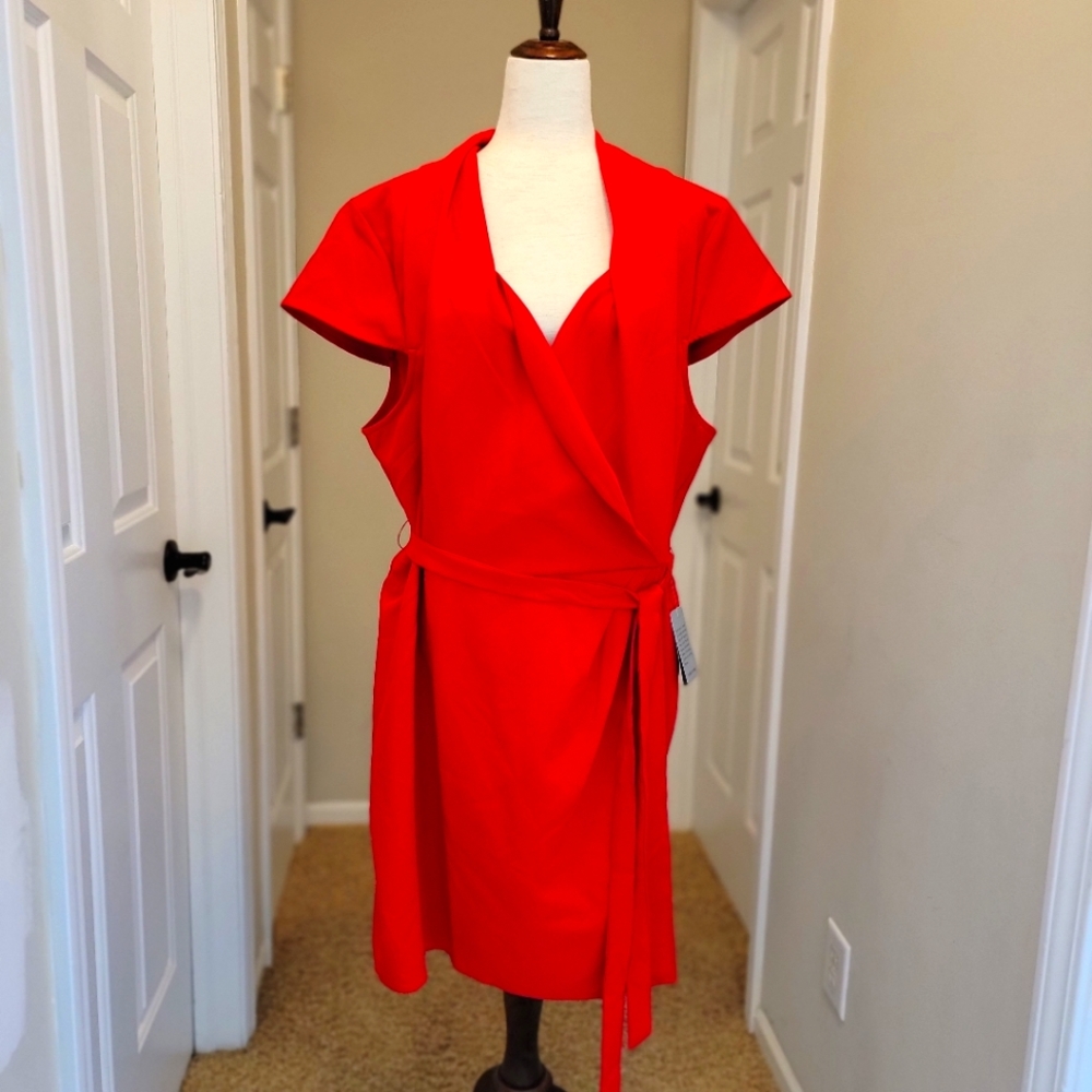 Sharagano, Red, 22W, NWT, Women's Mock Wrap power dress